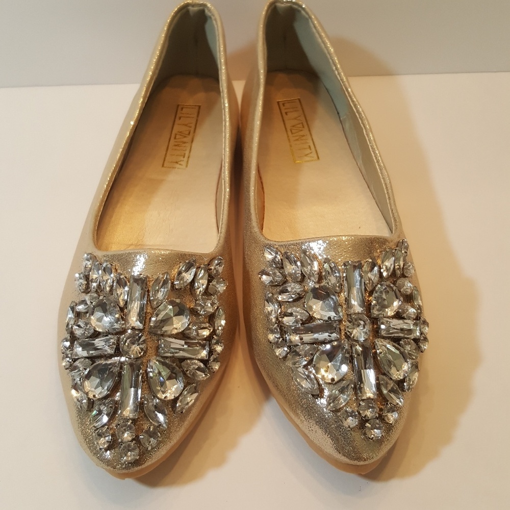 Lily Vanity Gold Rhinestone Embellished Flats